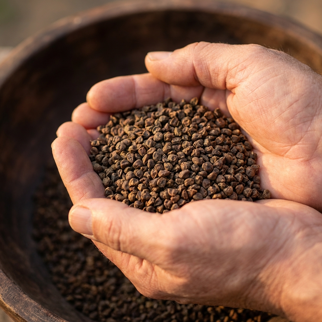 Hands cupping raw Babchi seeds